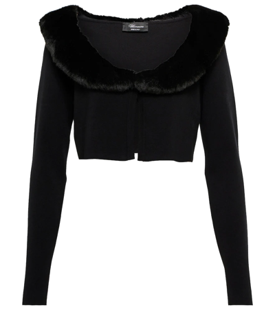 Blumarine Faux Fur-trimmed Cardigan In Nero