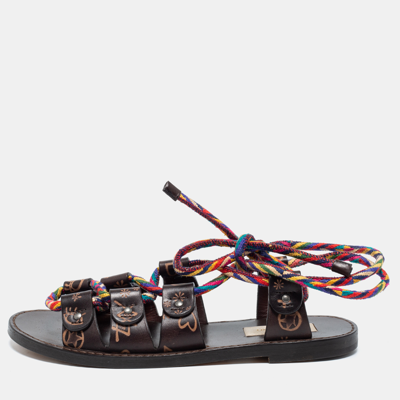 Pre-owned Valentino Garavani Brown Leather And Multicolor Cord Flat Gladiator Sandals Size 35