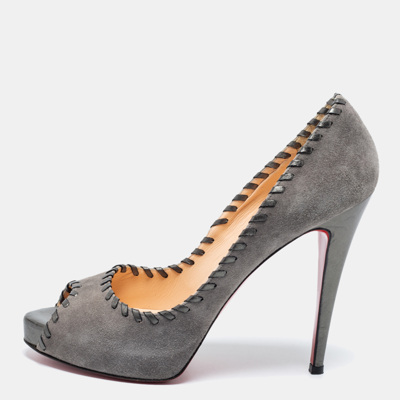 Pre-owned Christian Louboutin Grey Suede Whipstitch Very Prive Peep-toe Pumps Size 41