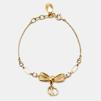 Pre-owned Dior Vintage Gold Tone Crystal Bow Charm Bracelet