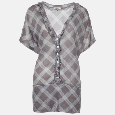 Pre-owned Chloé Grey Check Print Cotton Ruffle Detail Oversized Blouse L