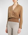 THEORY WRAP-FRONT LAPEL-COLLAR SILK BLOUSE