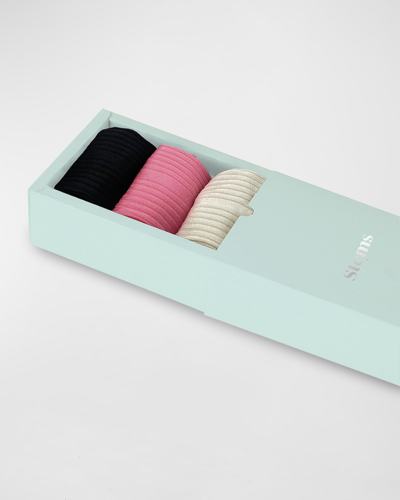 Stems Silky Rib-knit Crew Socks 3-pack In Ivory/black/pink