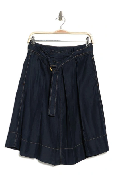 Donna Karan Woman Topstitched Belted A-line Skirt In Dark Indigo