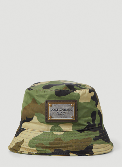 Dolce & Gabbana Camouflage Logo Plaque Bucket Hat In Green