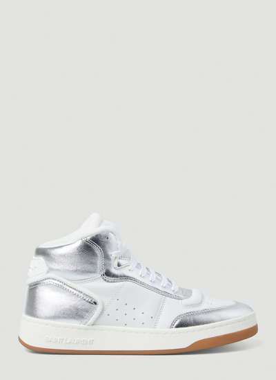 Saint Laurent White High-top Leather Sneakers With Metallic Inserts For Women In Silver