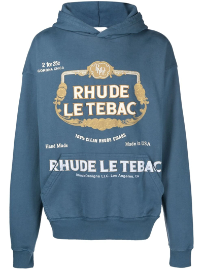 Rhude Le Tabac Logo-embroidered Printed Cotton-jersey Hoodie In Blue