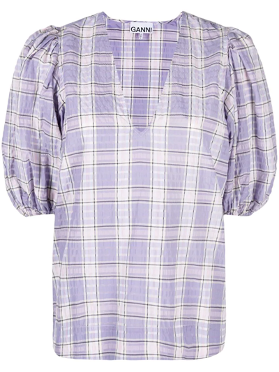 Ganni Purple Checked Print Puff Sleeve Blouse