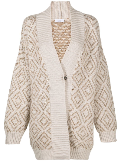 Brunello Cucinelli Crochet Knit Open Cardigan In Feather+nutmeg+beige