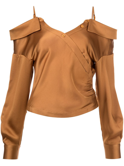 Jonathan Simkhai Haley Cold-shoulder Wrap-effect Top In Brown