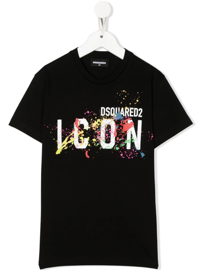 Dsquared2 Kids' Paint-splatter Logo T-shirt In Schwarz