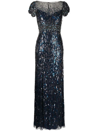 Jenny Packham Sequinned Crystal-embellished Gown In Oxford Blue