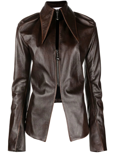 16arlington Oversized Pointed Collar Leather Jacket In Brown