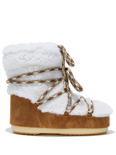 Moon Boot Suede Shearling Lace-up Short Snow Boots In Whiskey Offwhit