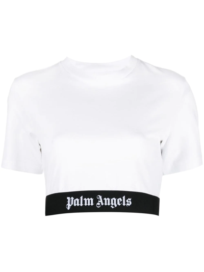 Palm Angels Logo-woven Cropped Stretch-cotton T-shirt In White