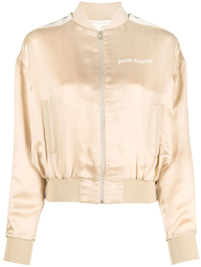 Palm Angels Classic Striped Satin Bomber Jacket In Beige Beige