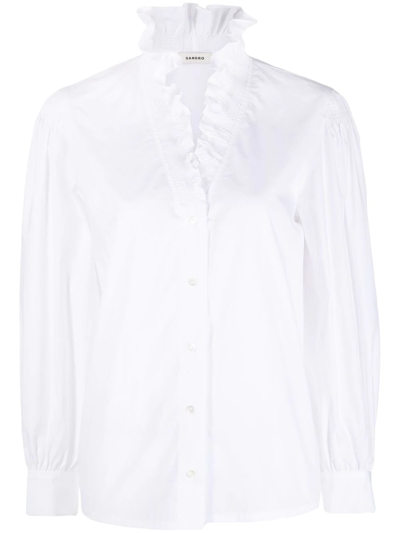 Sandro Lisandra Ruffled-collar Organic-cotton Shirt In Wei_