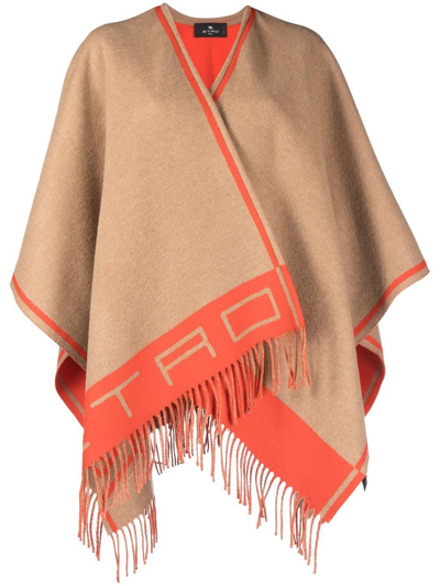 Etro Cape With Double Face Logo In Wool And Cashmere Blend Beige And Orange Woman In Neutrals