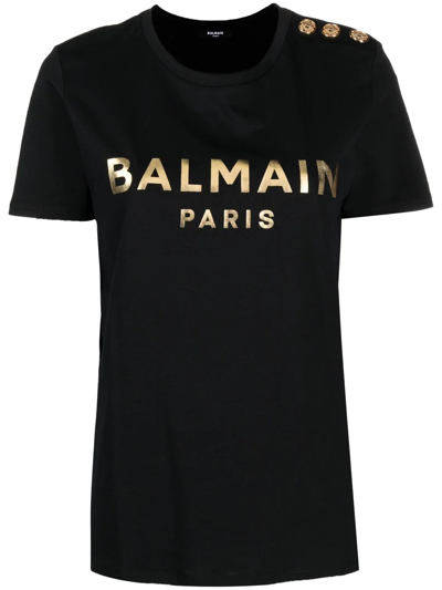Balmain Cotton T-shirt With Gold Colored Logo Print In Black Gold