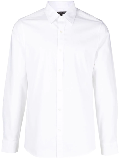 Michael Kors Cotton Stretch Botanical Print Slim Fit Button Down Shirt In White