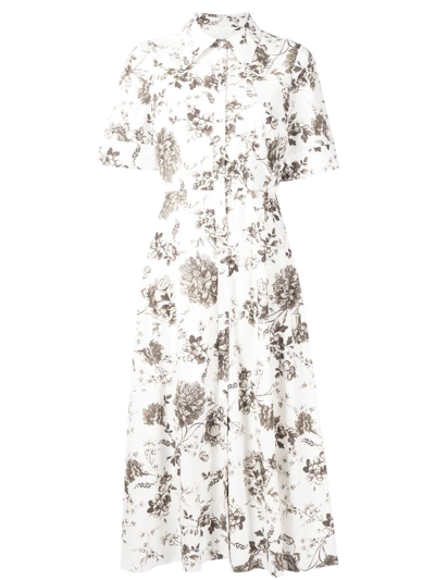 Erdem Layla Pleated Floral-print Cotton-poplin Midi Shirt Dress In White