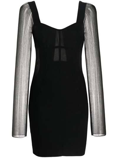 Herve Leger Striped Sheer-sleeve Bustier Mini Dress In Black 001