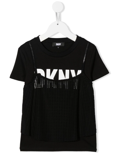 Dkny Kids' Layered-effect Logo-print T-shirt In Schwarz