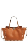 Valentino Garavani Medium Rockstud Grained Calfskin Leather Tote - Brown In Cognac