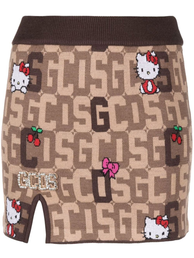 Gcds Brown And Beige Mini Skirt  In Wool Blend Knit With Logo Plate, Hello Kitty Motif And Contrast Jacqu