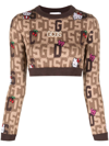Gcds Cropped Sweater In Mixed Wool Knit With Logo Plate, Hello Kitty And Logo In Contrastingh Jacquard Gc In Braun