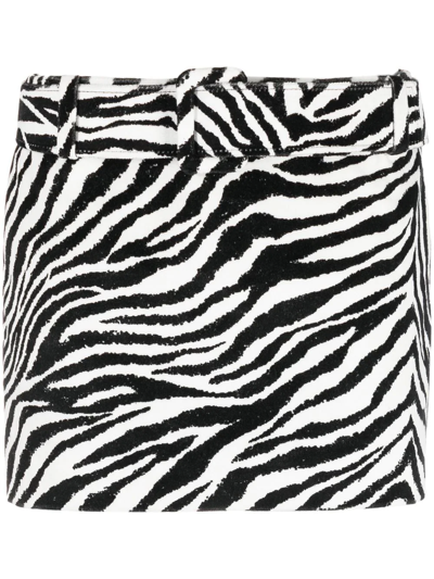 Alessandra Rich Belted Zebra-print Cotton-velvet Mini Skirt In Black And White