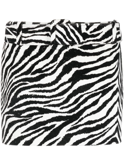 Alessandra Rich Belted Zebra-print Cotton-velvet Mini Skirt In Black