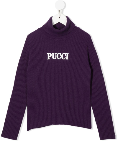 Pucci Junior Kids' Logo-embroidered Roll-neck Jumper In Violett