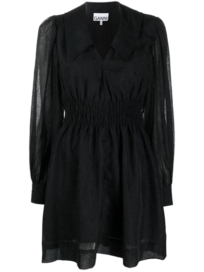 Ganni Pointed-collar Long-sleeve Dress In Schwarz