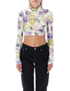 Off-white High Neck Crop Top With Floral Print In Light Green Flower