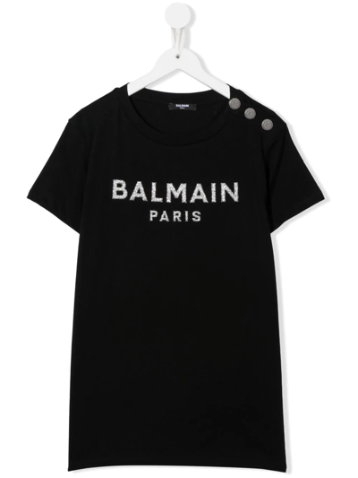 Balmain Teen Glitter Logo Cotton T-shirt In Black