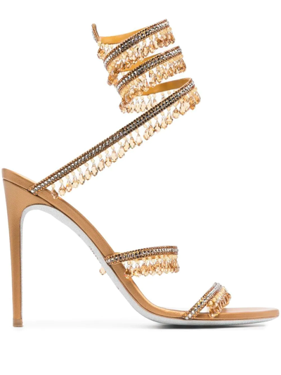 René Caovilla Neutral Chandelier 105 Embellished Satin Sandals In Gold