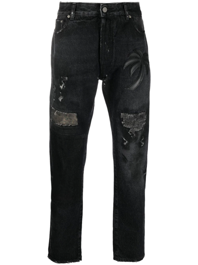 Palm Angels Palm Tree-patch Straight-leg Jeans In Black
