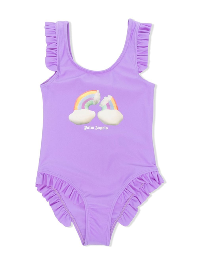 Palm Angels Kids' Little Girl's & Girl's One-piece Rainbow Logo Swimsuit In Lilac Multi