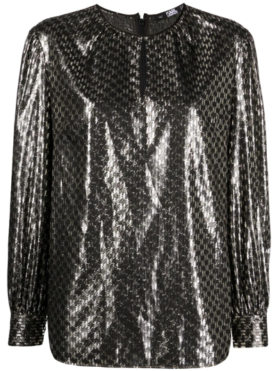 Karl Lagerfeld Monogram Print Shine-finish Blouse In Black