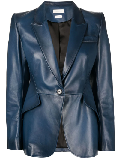 Alexander Mcqueen Blue Fitted Leather Blazer