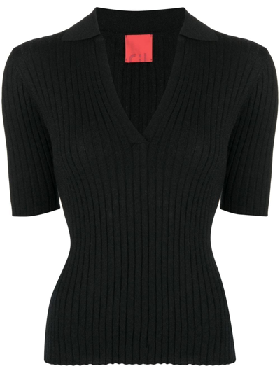 Cashmere In Love Summer V-neck Knit Polo In Black