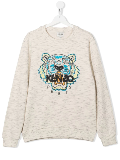 Kenzo Teen Embroidered Tiger Crew Neck Sweatshirt In Off White