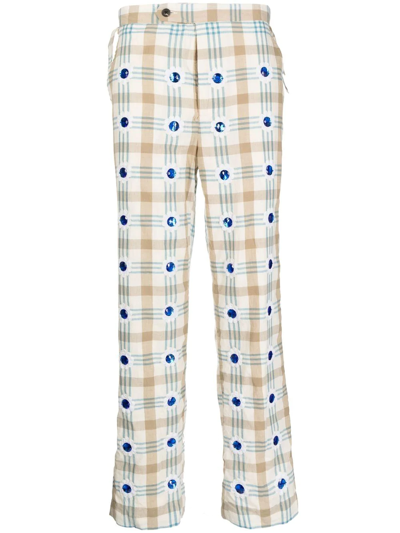 Bode Embellished Checked Straight-leg Trousers In White