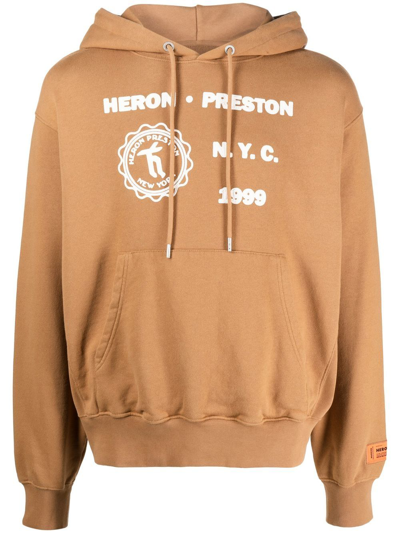 Heron Preston Logo Printed Drawstring Hoodie In Brown