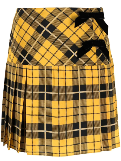 Alessandra Rich Pleated Tartan Silk Mini Skirt In Yellow