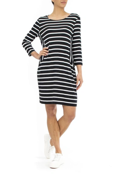 Nina Leonard Mix Stripe Print Shift Dress In Black Ivory