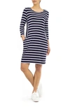 Nina Leonard Mix Stripe Print Shift Dress In Navy Ivory
