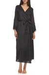 Flora Nikrooz Stella Belted Lace Trim Satin Robe In Black