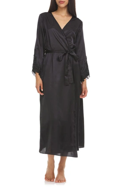 Flora Nikrooz Stella Belted Lace Trim Satin Robe In Black